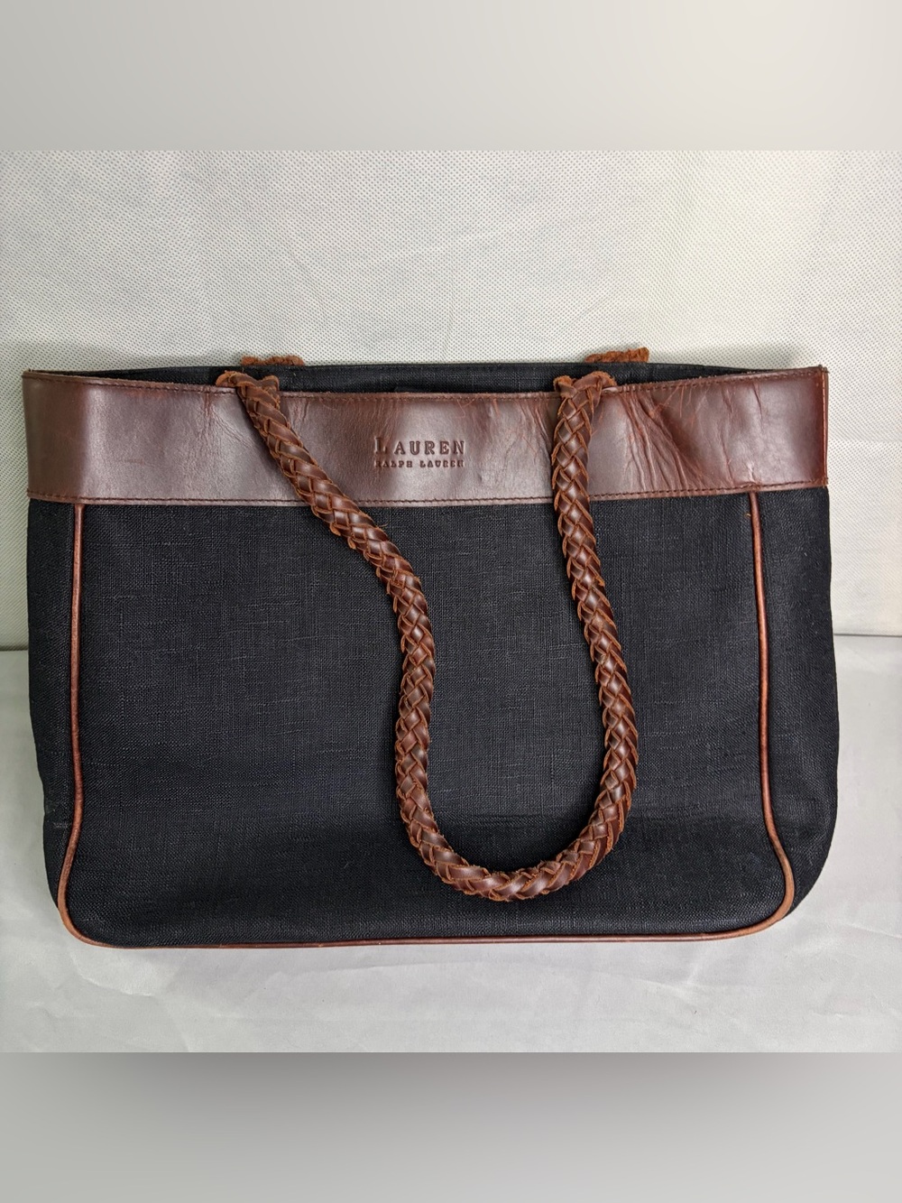 Lauren Ralph Lauren Black Canvas Tote with Braided Brown Leather Straps